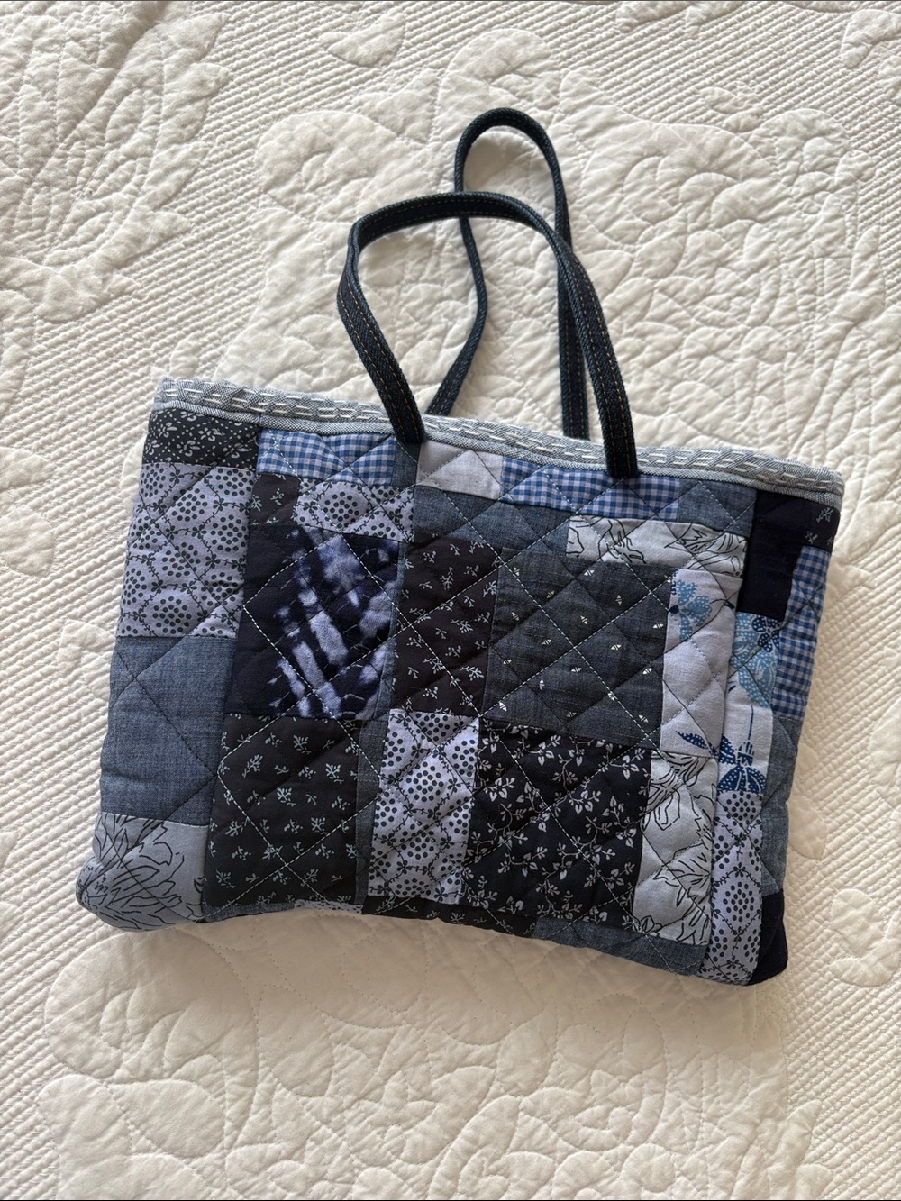 Quilted Patchwork Tote Bag in Navy and Gray